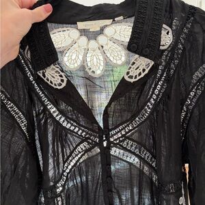 Sheer Black Bohemian Button-Front Blouse with White Lace Trim from anthropology
